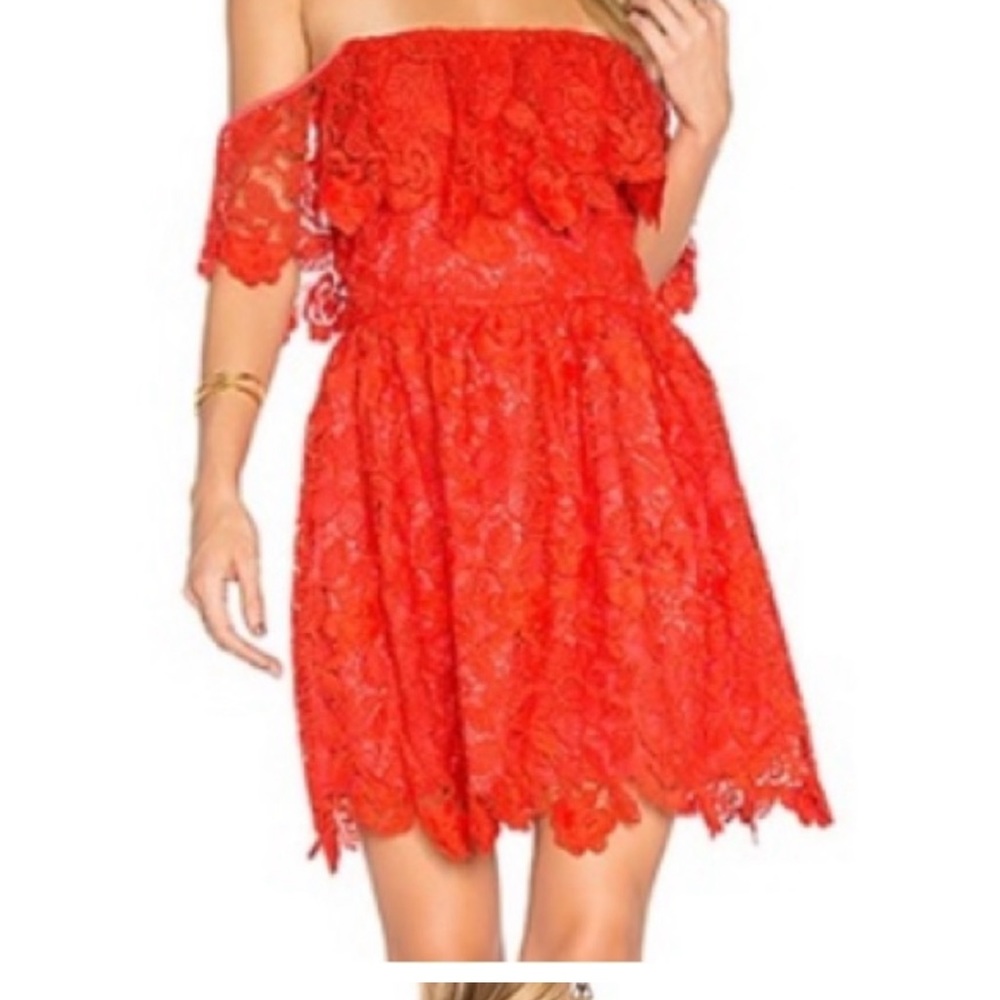 Lovers + Friends Red Off-Shoulder Lace Mini Dress